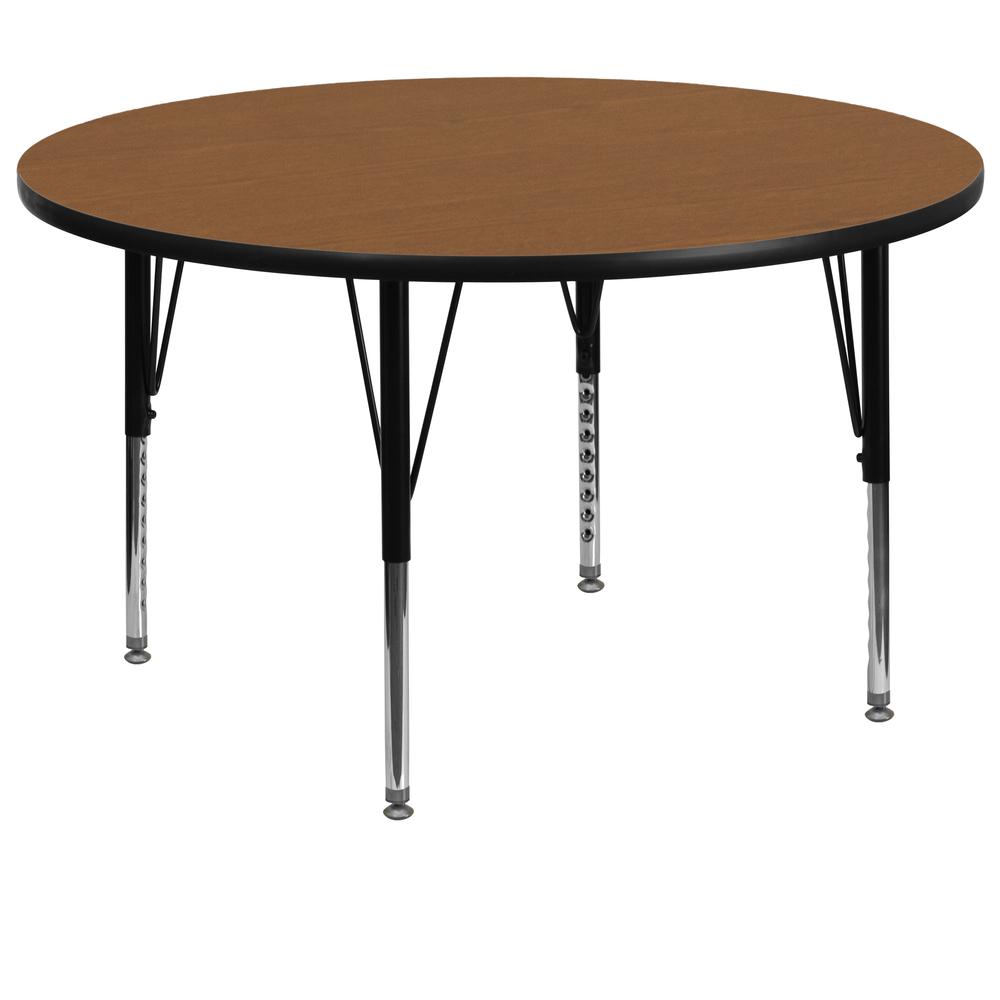 60'' Round Oak Thermal Laminate Activity Table - Height Adjustable Short Legs - Flash Furniture