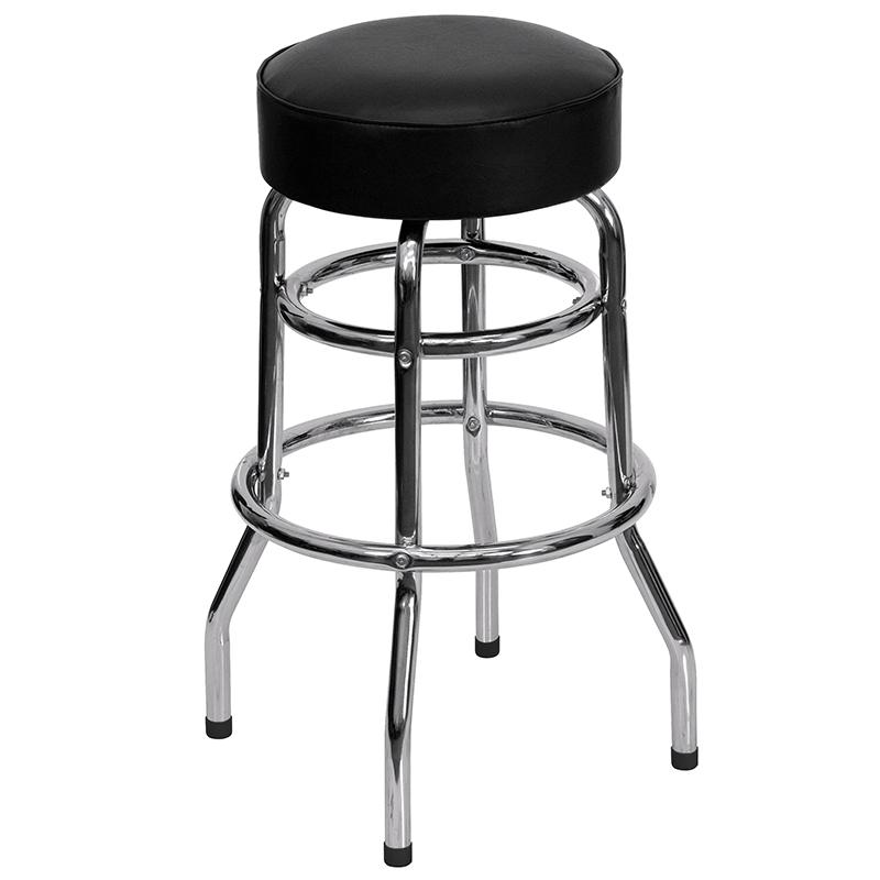 Double Ring Chrome Barstool with Black Seat - Flash Furniture
