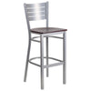 Silver Slat Back Metal Restaurant Barstool - Mahogany Wood Seat - Flash Furniture