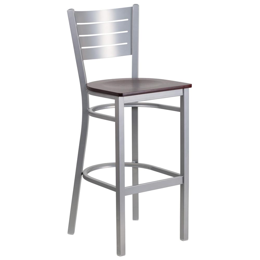 Silver Slat Back Metal Restaurant Barstool - Mahogany Wood Seat - Flash Furniture