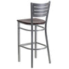 Silver Slat Back Metal Restaurant Barstool - Mahogany Wood Seat - Flash Furniture