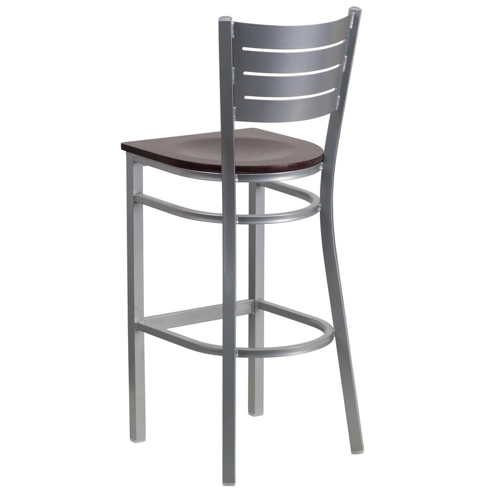 Silver Slat Back Metal Restaurant Barstool - Mahogany Wood Seat - Flash Furniture
