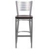 Silver Slat Back Metal Restaurant Barstool - Mahogany Wood Seat - Flash Furniture