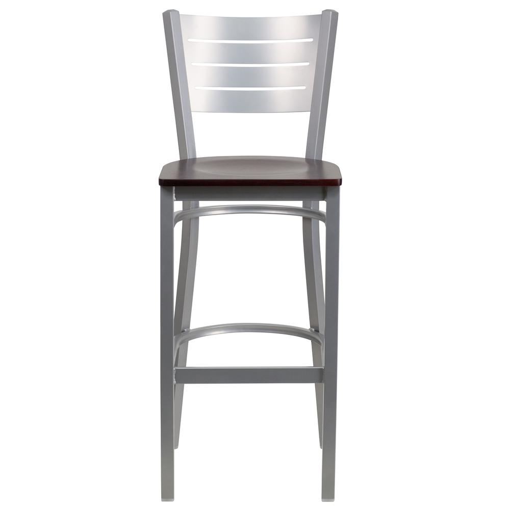 Silver Slat Back Metal Restaurant Barstool - Mahogany Wood Seat - Flash Furniture