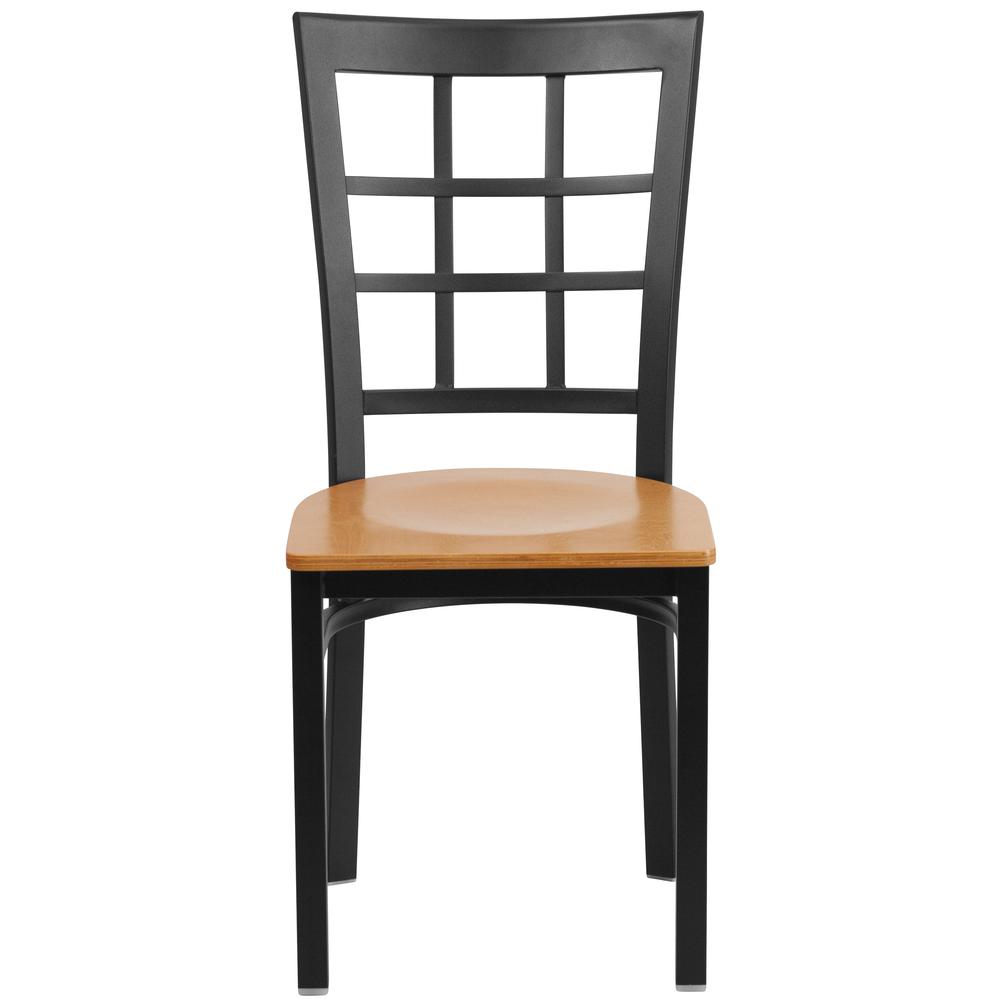 Black Window Back Metal Restaurant Chair - Natural Wood Seat - Flash Furniture