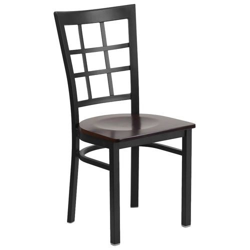 Black Window Back Metal Restaurant Chair - Walnut Wood Seat - Flash Furniture