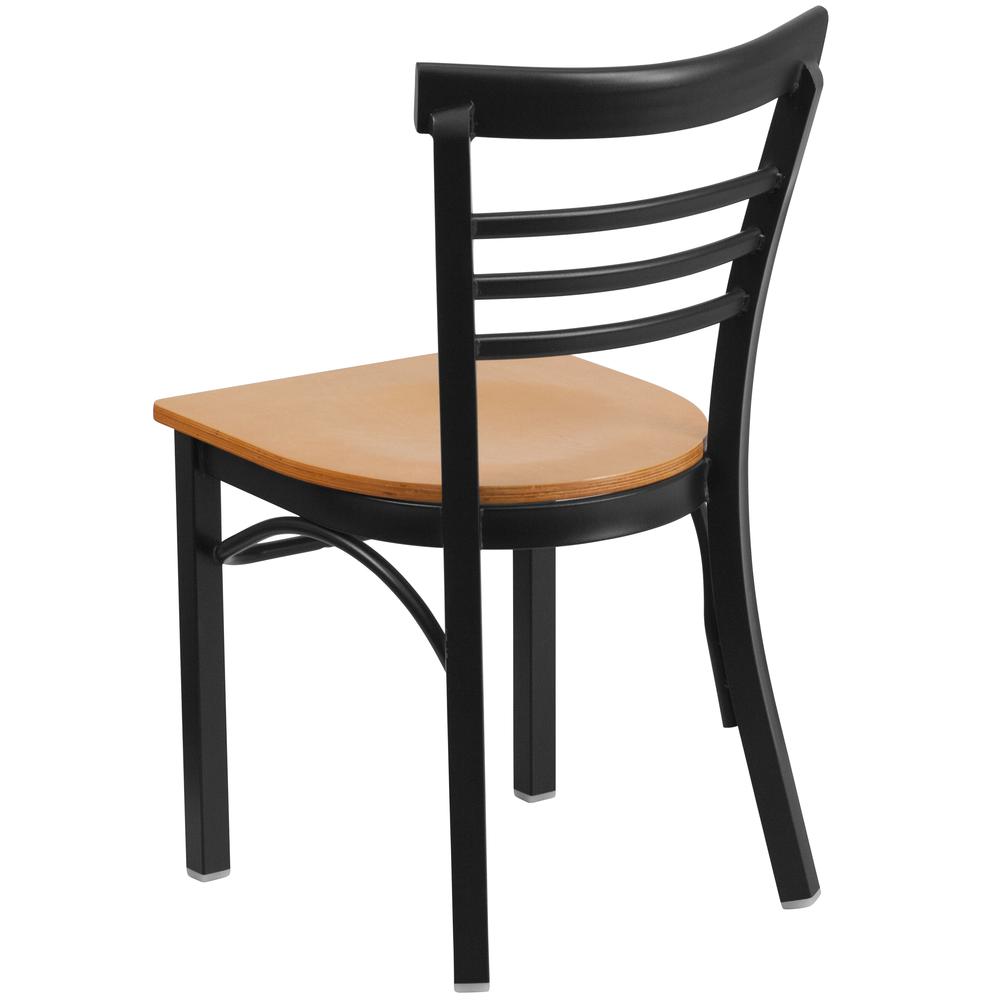 Black Three-Slat Ladder Back Metal Restaurant Chair - Natural Wood Seat - Flash Furniture