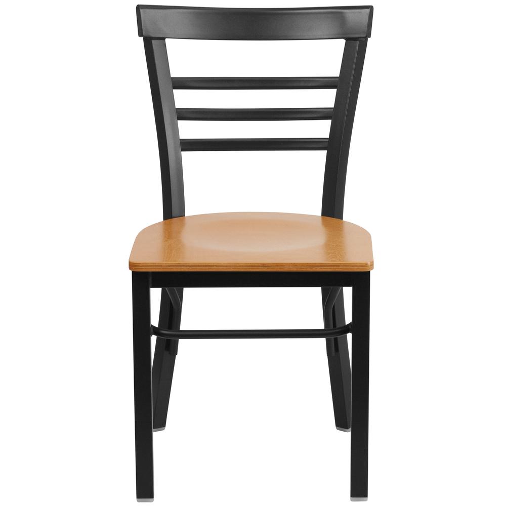 Black Three-Slat Ladder Back Metal Restaurant Chair - Natural Wood Seat - Flash Furniture
