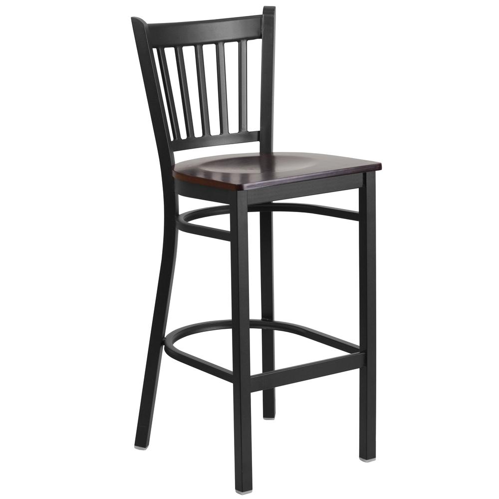 Black Vertical Back Metal Restaurant Barstool - Walnut Wood Seat - Flash Furniture