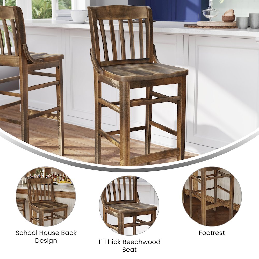 HERCULES School House Back Antique Copper Wood Restaurant Barstool - Flash Furniture