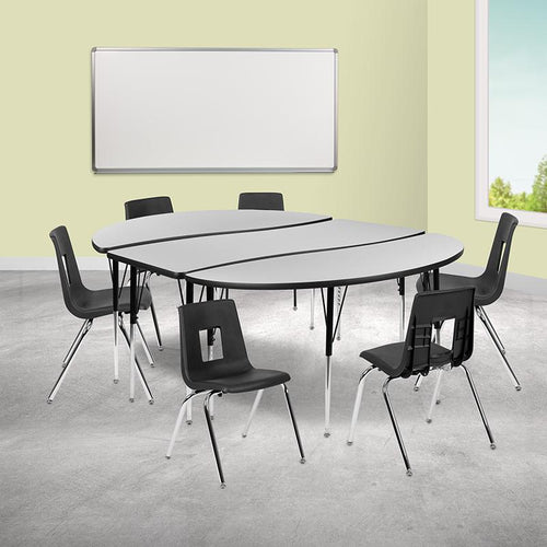 86'' Oval Wave Activity Table Set with 18'' Student Stack Chairs, Grey/Black - Flash Furniture