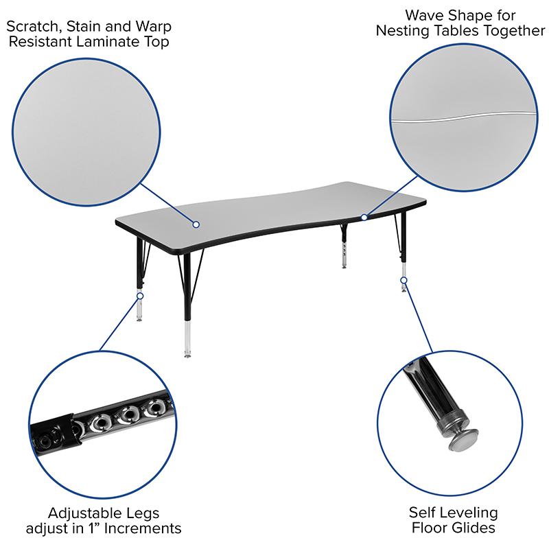 2 Piece 86'' Wave Grey Thermal Activity Table Set - Height Adjustable Short Legs - Flash Furniture