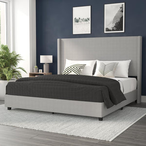 King Upholstered Platform Bed with Channel Stitched Wingback Headboard, Gray - Flash Furniture