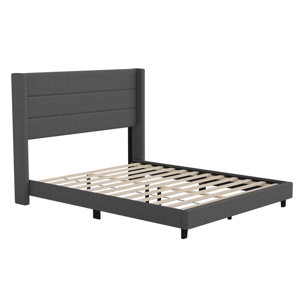 Queen Upholstered Platform Bed with Wingback Headboard, Charcoal Faux Linen - Flash Furniture
