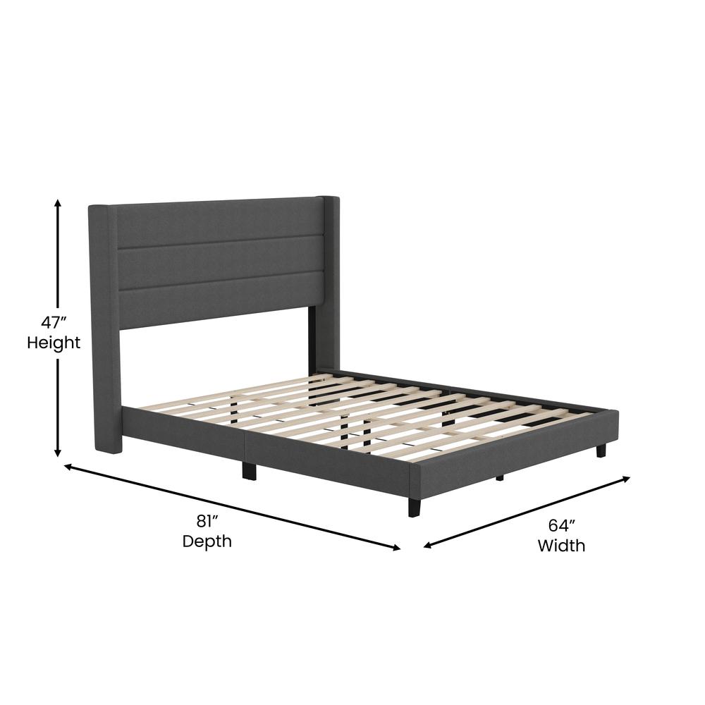 Queen Upholstered Platform Bed with Wingback Headboard, Charcoal Faux Linen - Flash Furniture