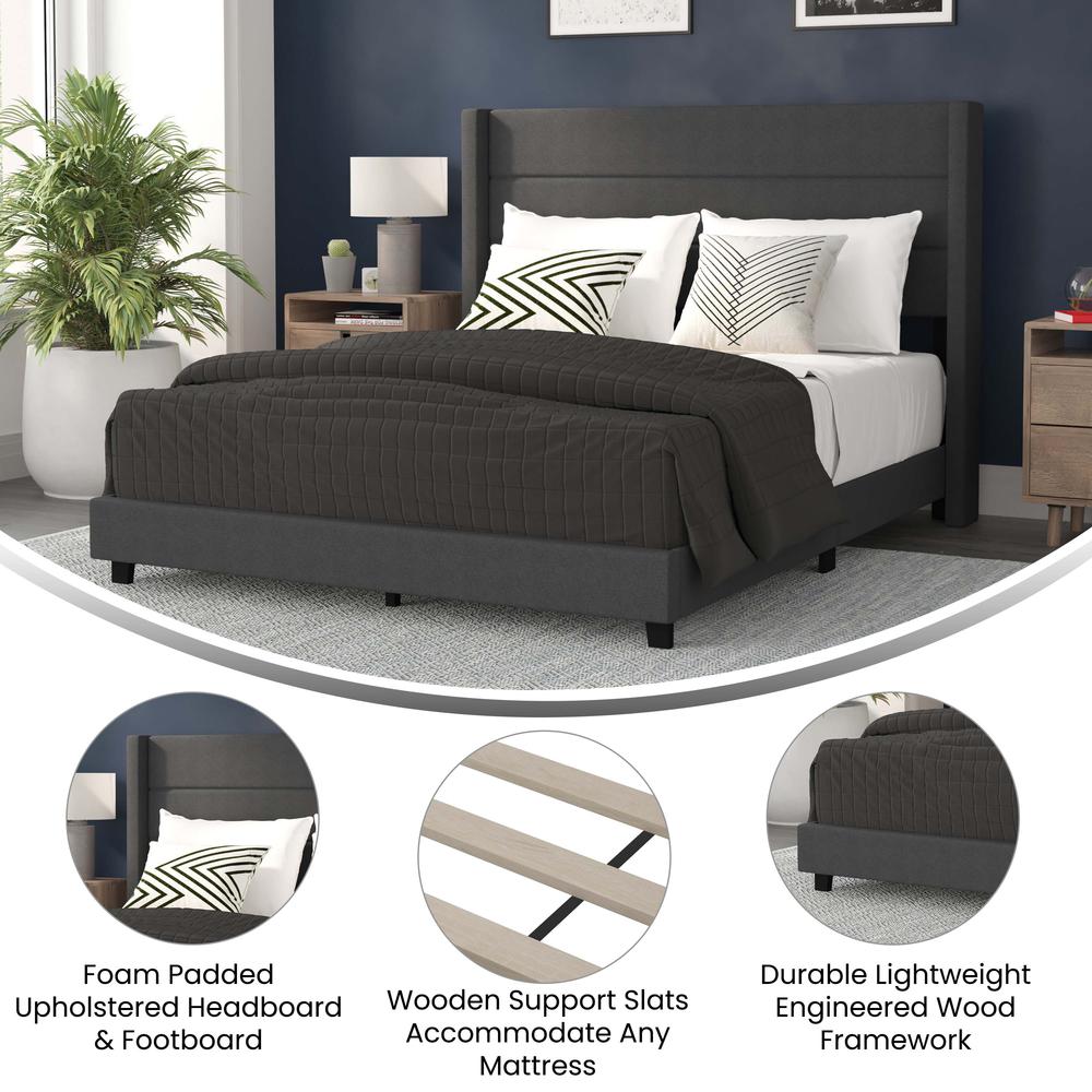 Queen Upholstered Platform Bed with Wingback Headboard, Charcoal Faux Linen - Flash Furniture