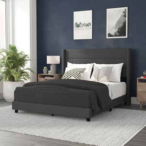 Queen Upholstered Platform Bed with Wingback Headboard, Charcoal Faux Linen - Flash Furniture