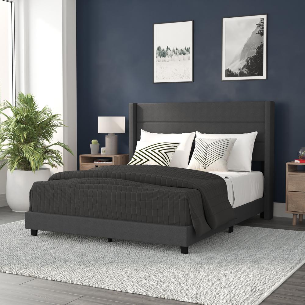 Queen Upholstered Platform Bed with Wingback Headboard, Charcoal Faux Linen - Flash Furniture