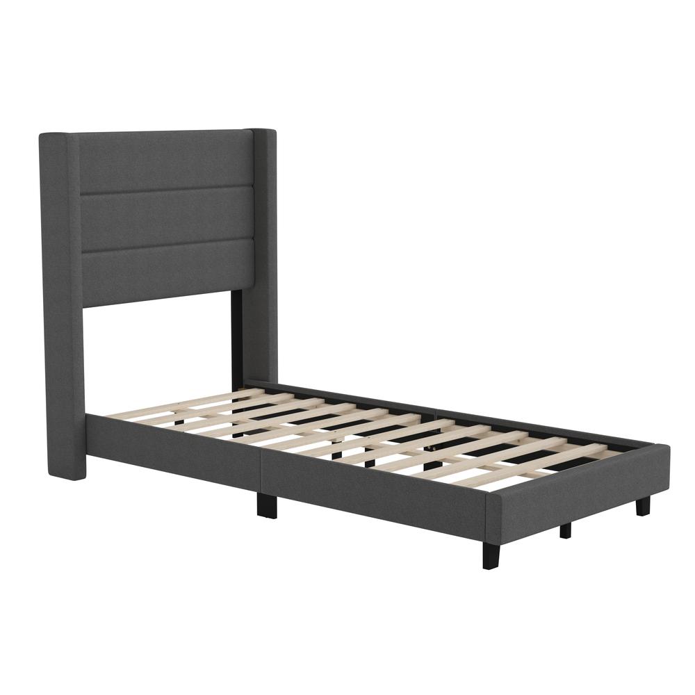 Twin Upholstered Platform Bed with Wingback Headboard, Charcoal Faux Linen - Flash Furniture
