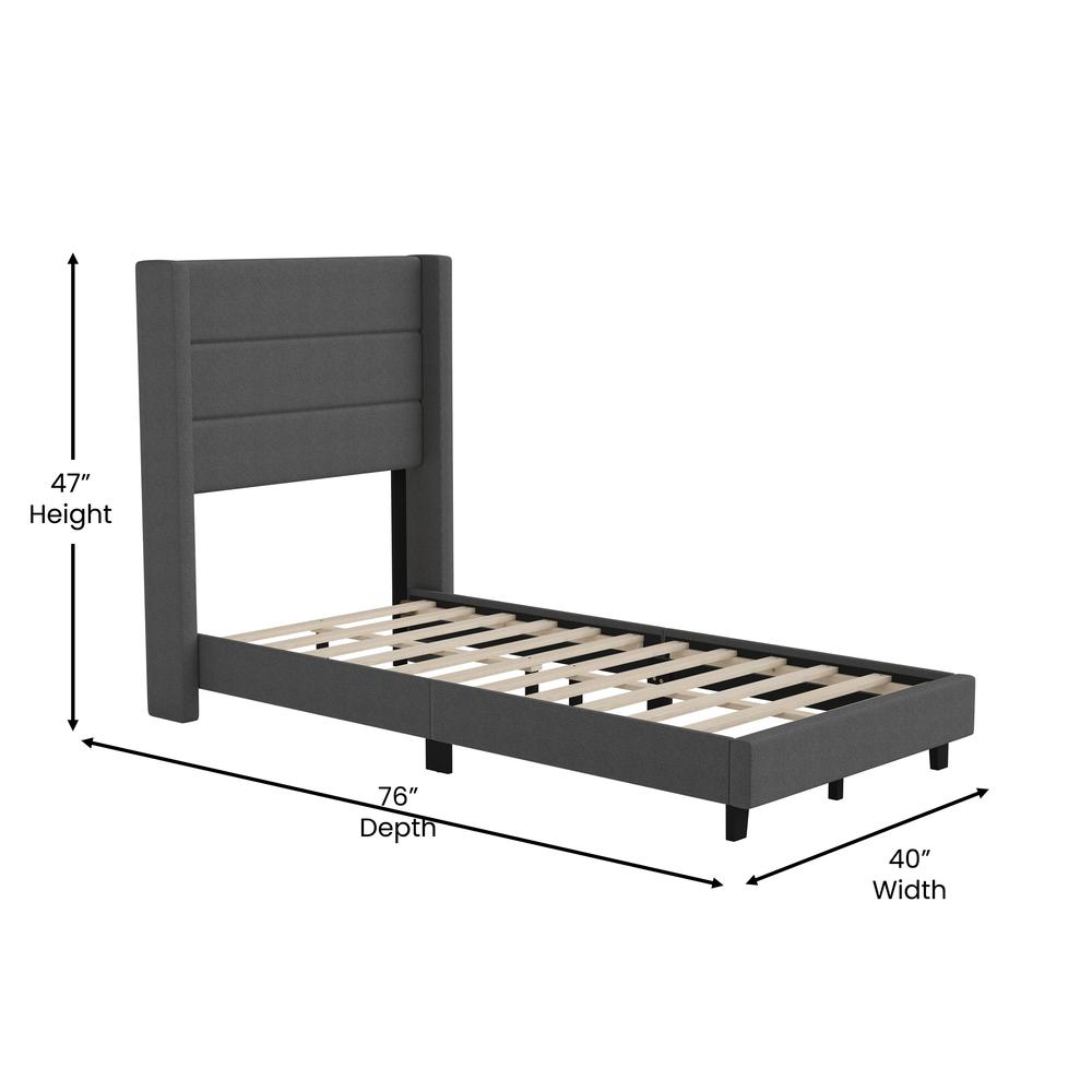 Twin Upholstered Platform Bed with Wingback Headboard, Charcoal Faux Linen - Flash Furniture