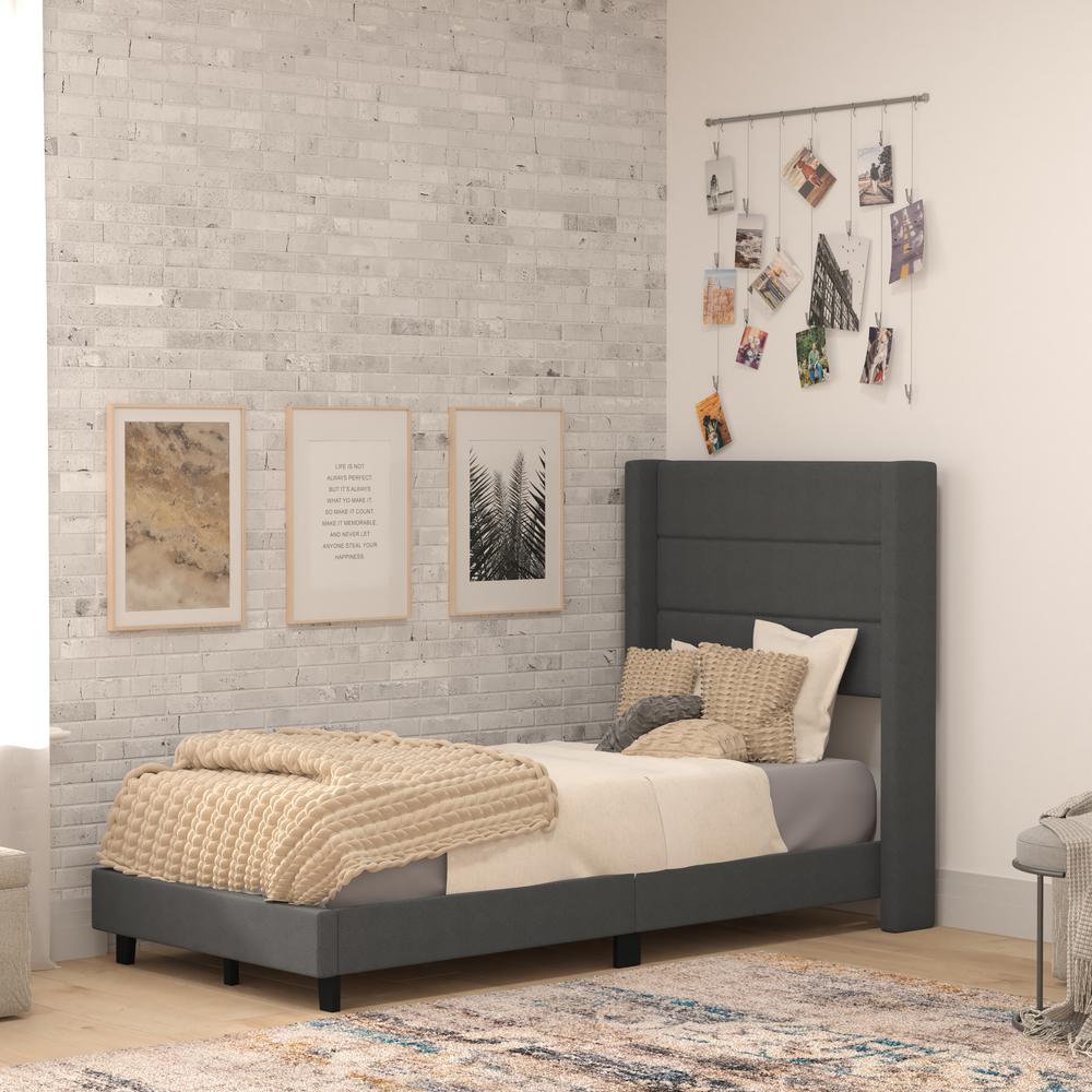 Twin Upholstered Platform Bed with Wingback Headboard, Charcoal Faux Linen - Flash Furniture