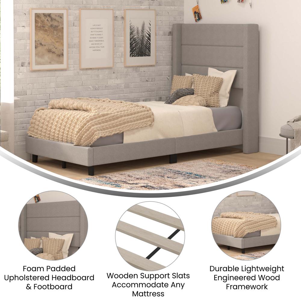 Twin Upholstered Platform Bed with Wingback Headboard, Gray Faux Linen - Flash Furniture