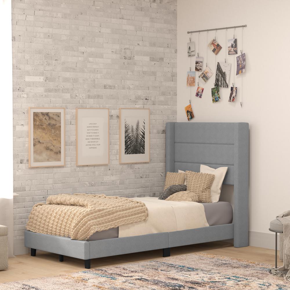 Twin Upholstered Platform Bed with Wingback Headboard, Gray Faux Linen - Flash Furniture