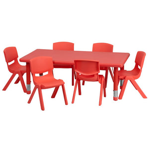 24''W x 48''L Red Plastic Height Adjustable Activity Table Set with 6 Chairs - Flash Furniture