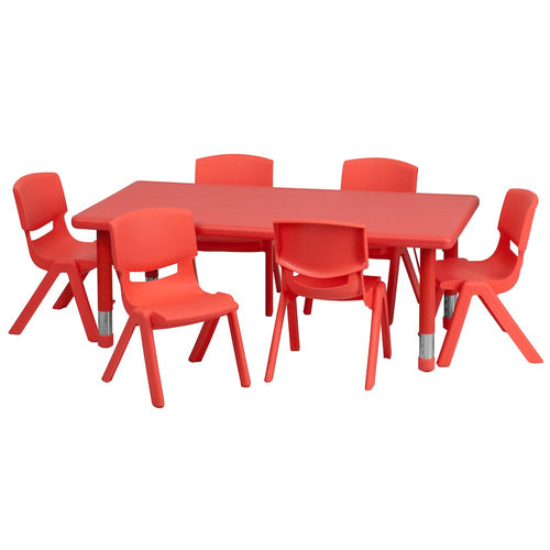 24''W x 48''L Red Plastic Height Adjustable Activity Table Set with 6 Chairs - Flash Furniture