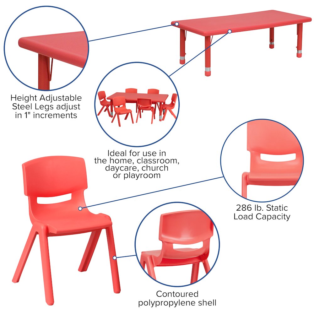 24''W x 48''L Red Plastic Height Adjustable Activity Table Set with 6 Chairs - Flash Furniture