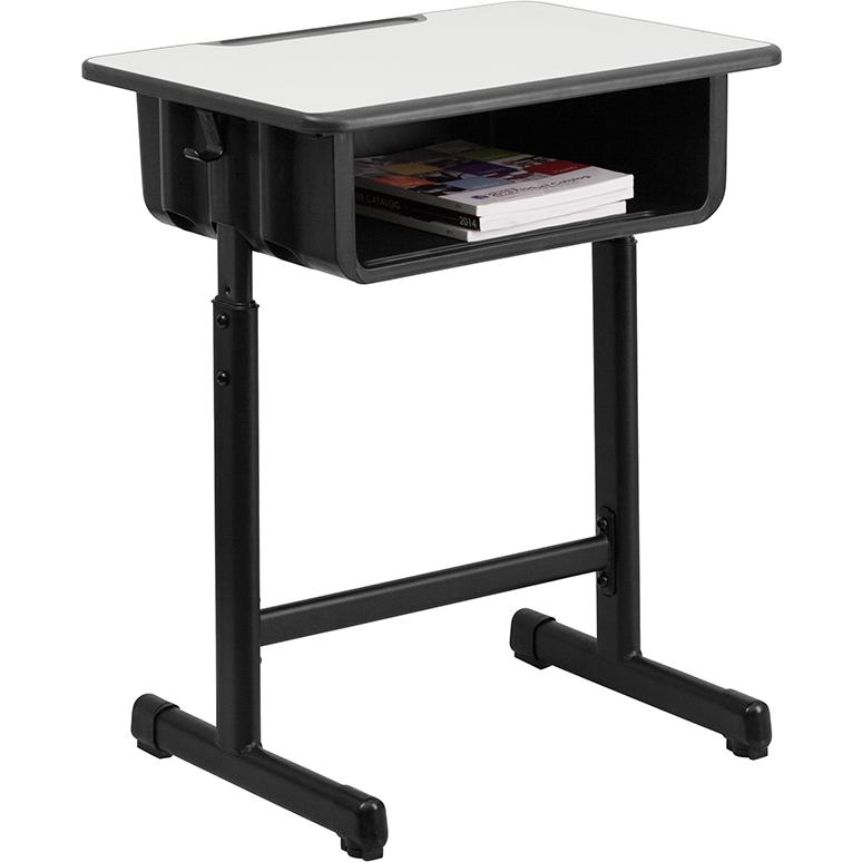 Student Desk with Grey Top and Adjustable Height Black Pedestal Frame - Flash Furniture