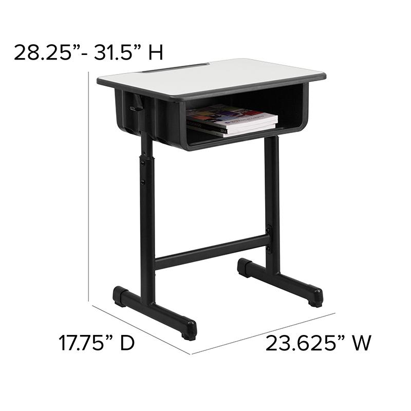 Student Desk with Grey Top and Adjustable Height Black Pedestal Frame - Flash Furniture