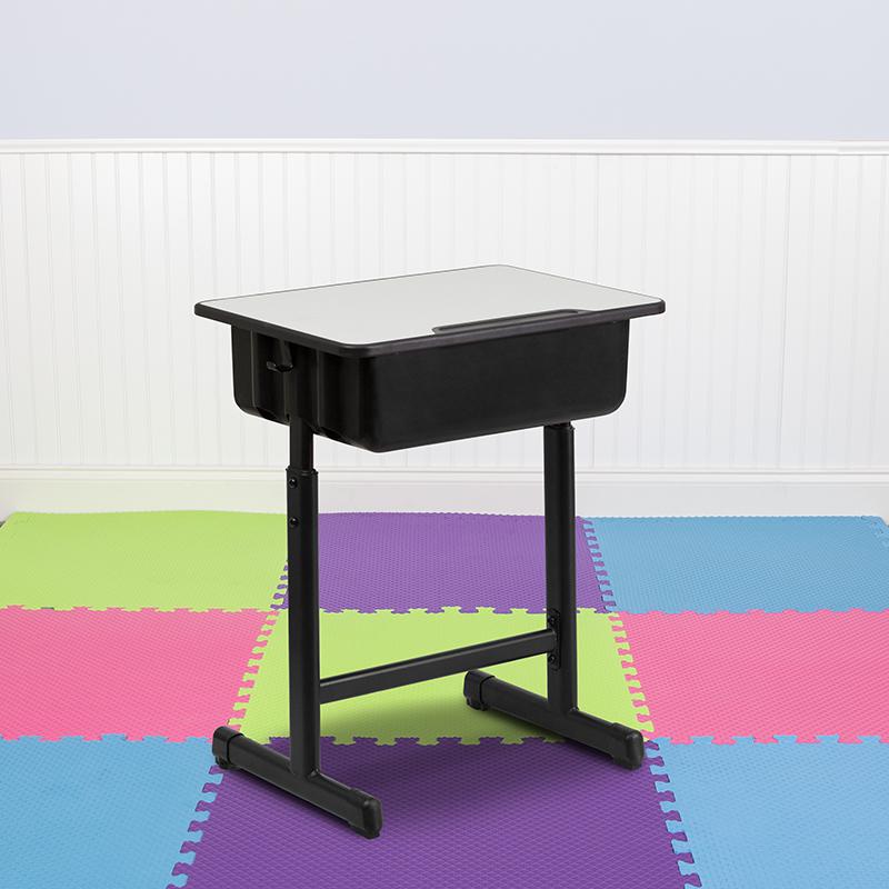 Student Desk with Grey Top and Adjustable Height Black Pedestal Frame - Flash Furniture