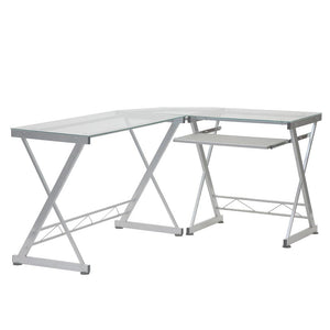 L-Shaped Tempered Glass Top Computer Desk With Pull Out Keybaord Panel. Color: Clear - Techni Mobili