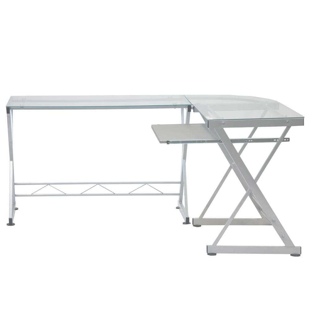 L-Shaped Tempered Glass Top Computer Desk With Pull Out Keybaord Panel. Color: Clear - Techni Mobili