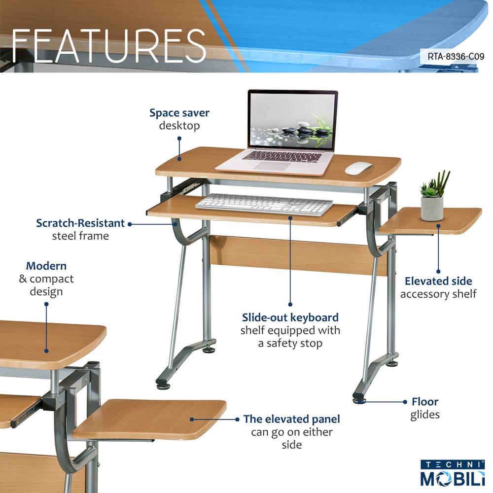 Compact Computer Desk With Side Shelf And Keyboard Panel. Color: Cherry - Techni Mobili