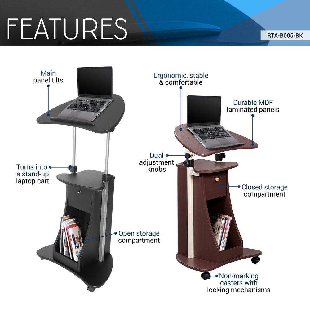 Rolling Adjustable Laptop Cart With Storage. Color: Black - Techni Mobili