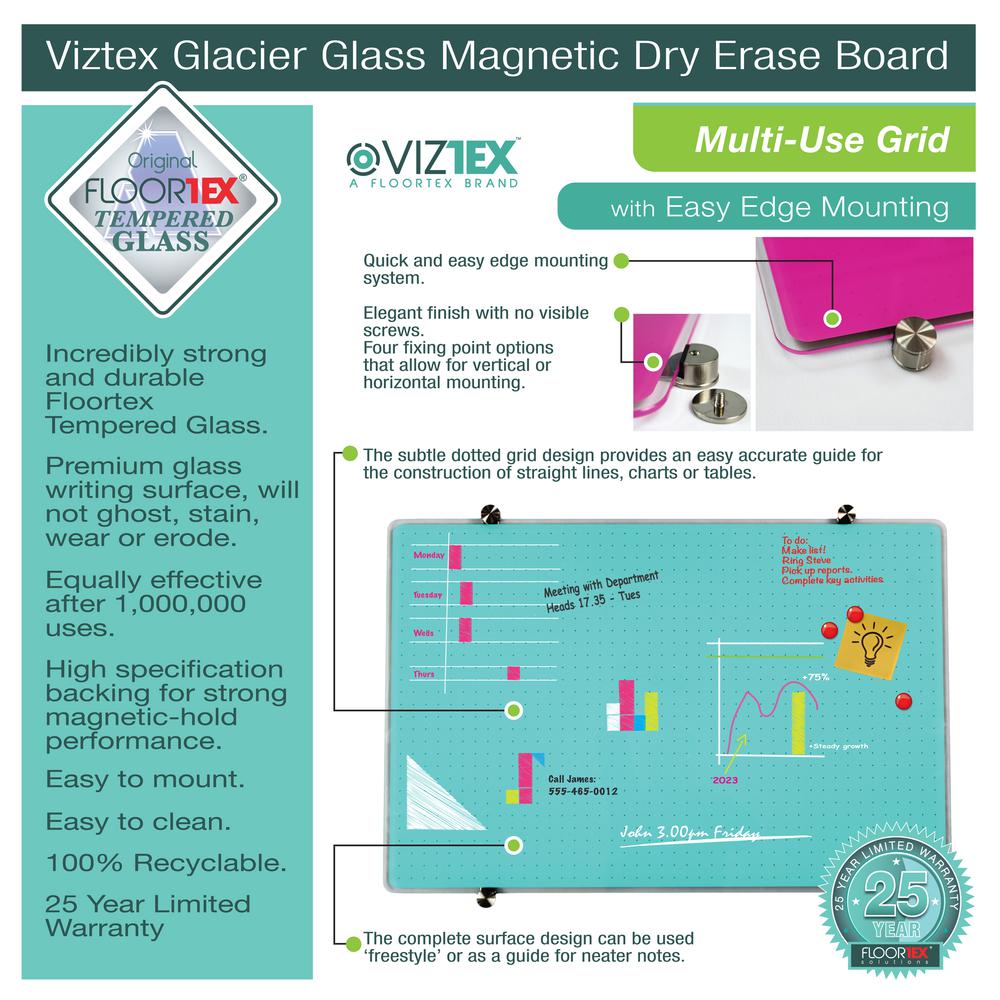 Glacier Violet Multi-Purpose Grid Glass Dry Erase Board 24'' x 36'' - Floortex