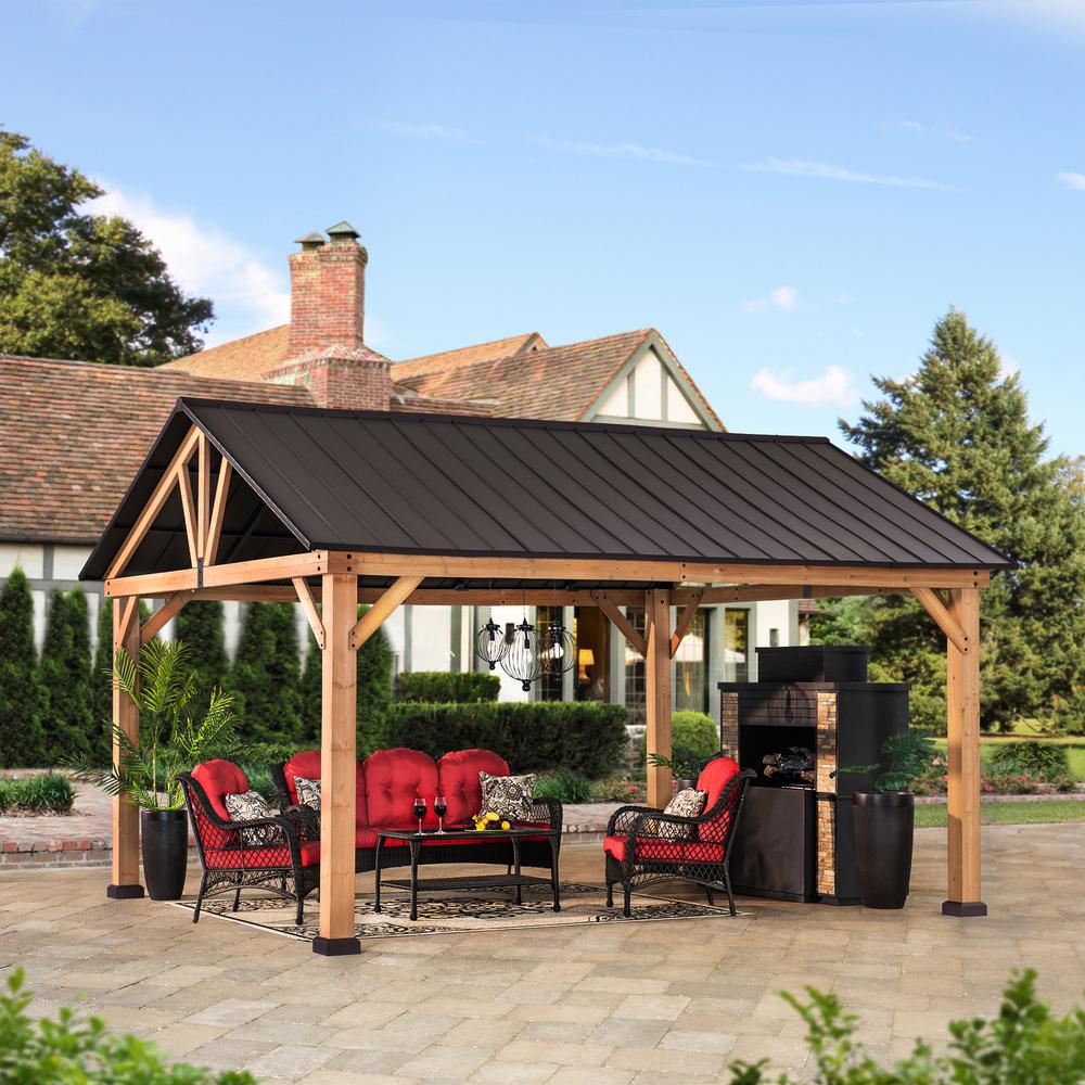 Sunjoy 13 ft. x 15 ft. Cedar Framed Gazebo with Brown Steel Gable Roof Hardtop