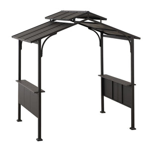 8x5 ftBrown Steel Frame 2-Tier BBQ Grill Gazebo with Ceiling Hook and Shelves - Sunjoy