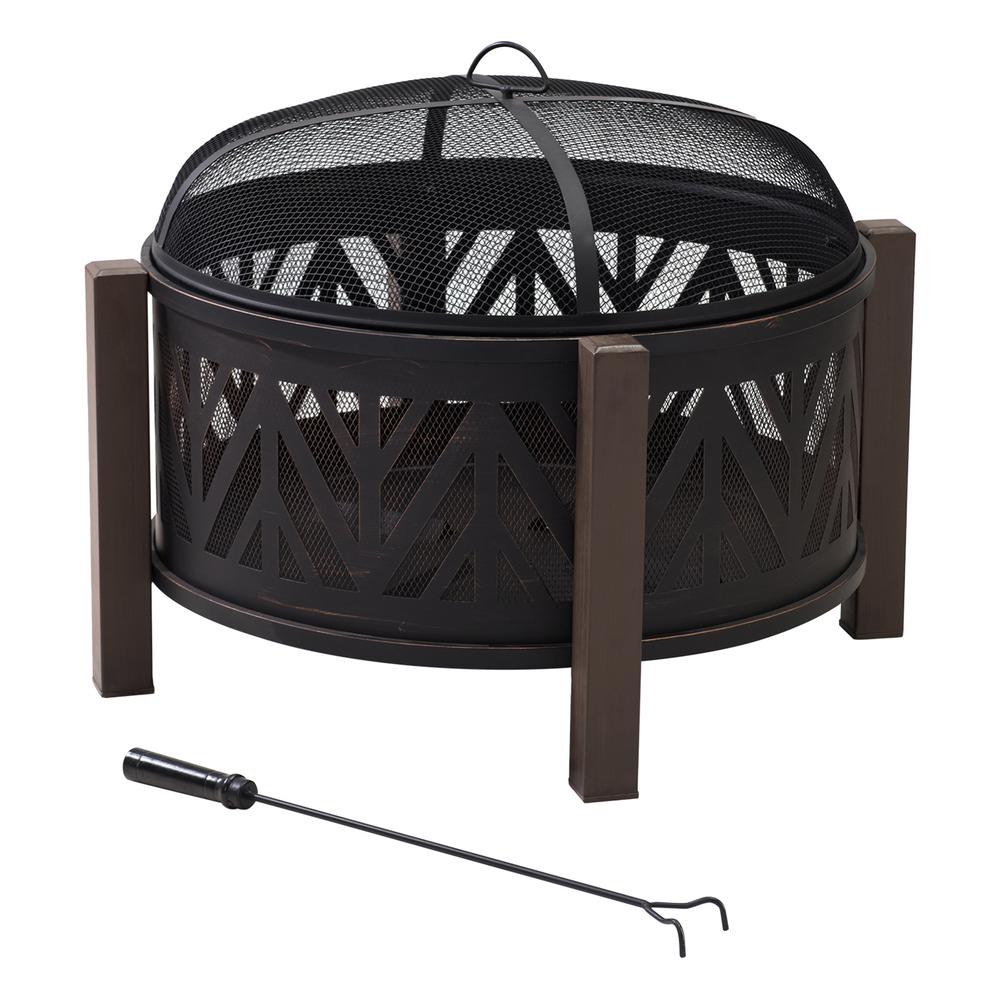 Fire Pit for Outside, Outdoor Steel Wood Burning Fire Pits with Screen - Sunjoy