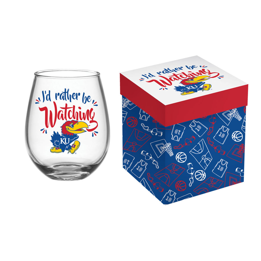 Kansas Jayhawks Glass 17oz Wine Stemless Boxed - Evergreen Enterprises