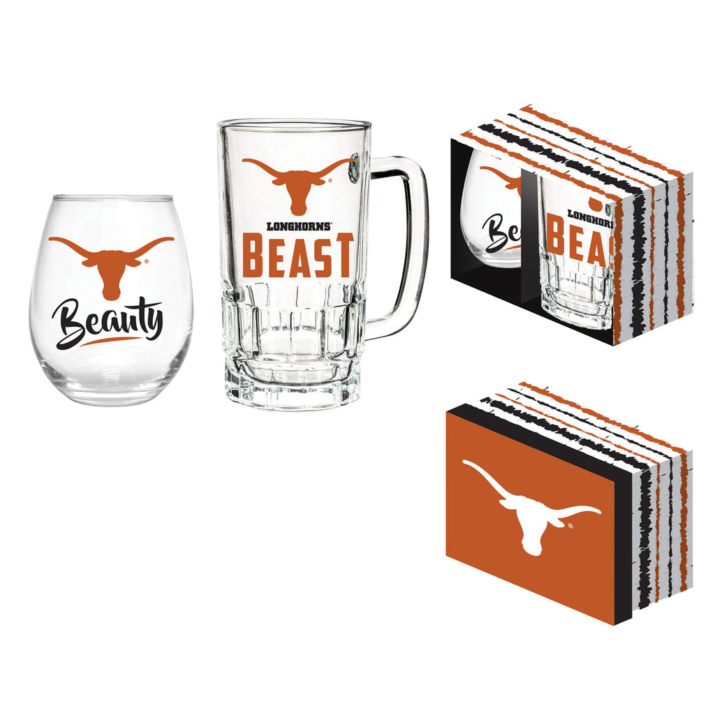 Texas Longhorns Drink Set Boxed 17oz Stemless Wine and 16oz Tankard - Evergreen Enterprises