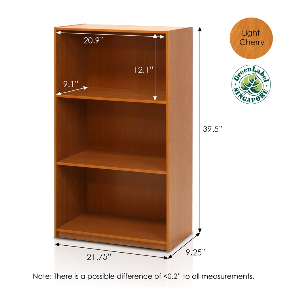 Basic 3-Tier Bookcase Storage Shelves, Light Cherry - Furinno