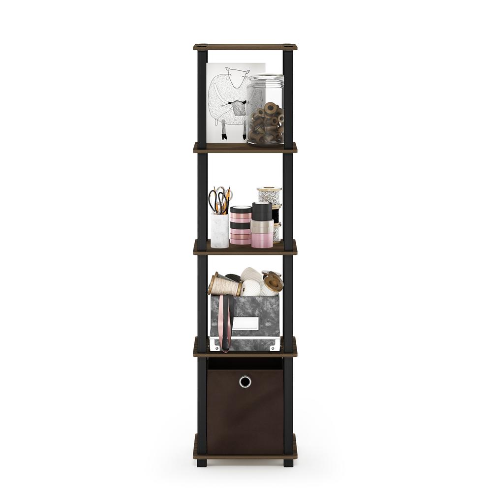Furinno TNT No Tools 5-Tier Display Decorative Shelf with One Bin, Columbia Walnut/Black/Dark Brown
