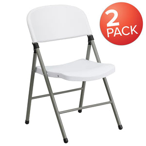 HERCULES Series White Plastic Folding Chairs | Set of 2 Lightweight Folding Chairs with Gray Frame - Flash Furniture