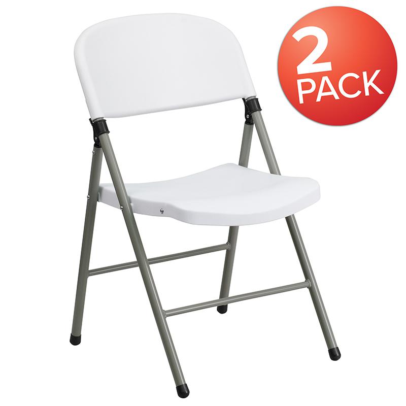 HERCULES Series White Plastic Folding Chairs | Set of 2 Lightweight Folding Chairs with Gray Frame - Flash Furniture