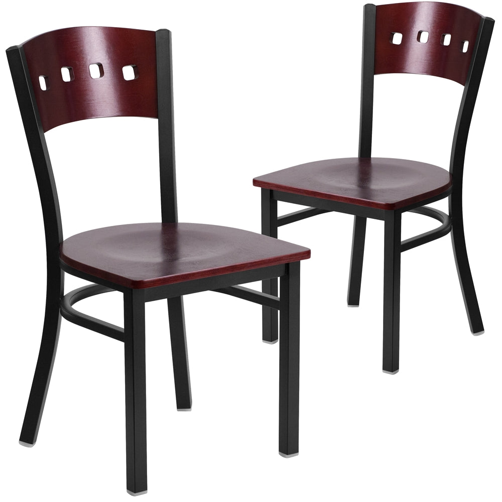 2 Pk. HERCULES Series Black Decorative 4 Square Back Metal Restaurant Chair - Mahogany Wood Back & Seat - Flash Furniture
