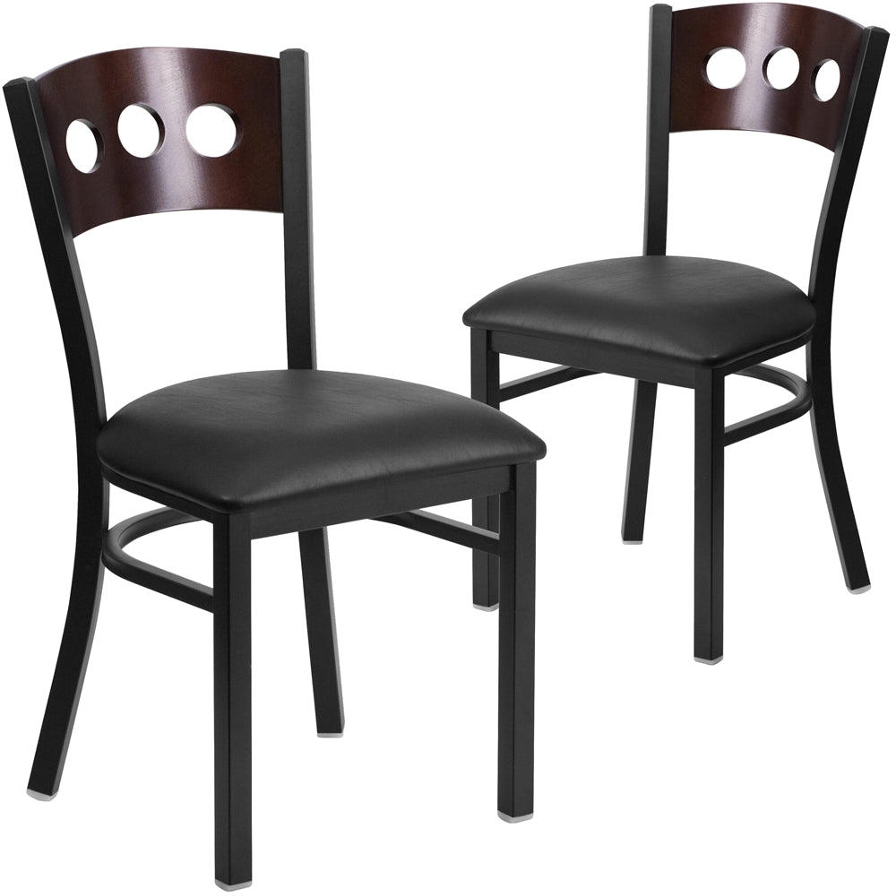 2 Pk. HERCULES Series Black Decorative 3 Circle Back Metal Restaurant Chair - Walnut Wood Back, Black Vinyl Seat - Flash Furniture