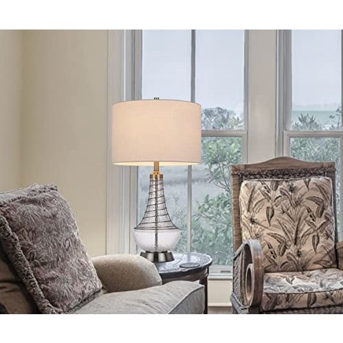 150W 3 Way Baraboo Glass Table Lamp With Wire Guard Design And Drum Fabric Shade - Cal Lighting